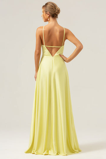 Vestido de dama de honor largo sin espalda corto con flor de línea A Line Halter